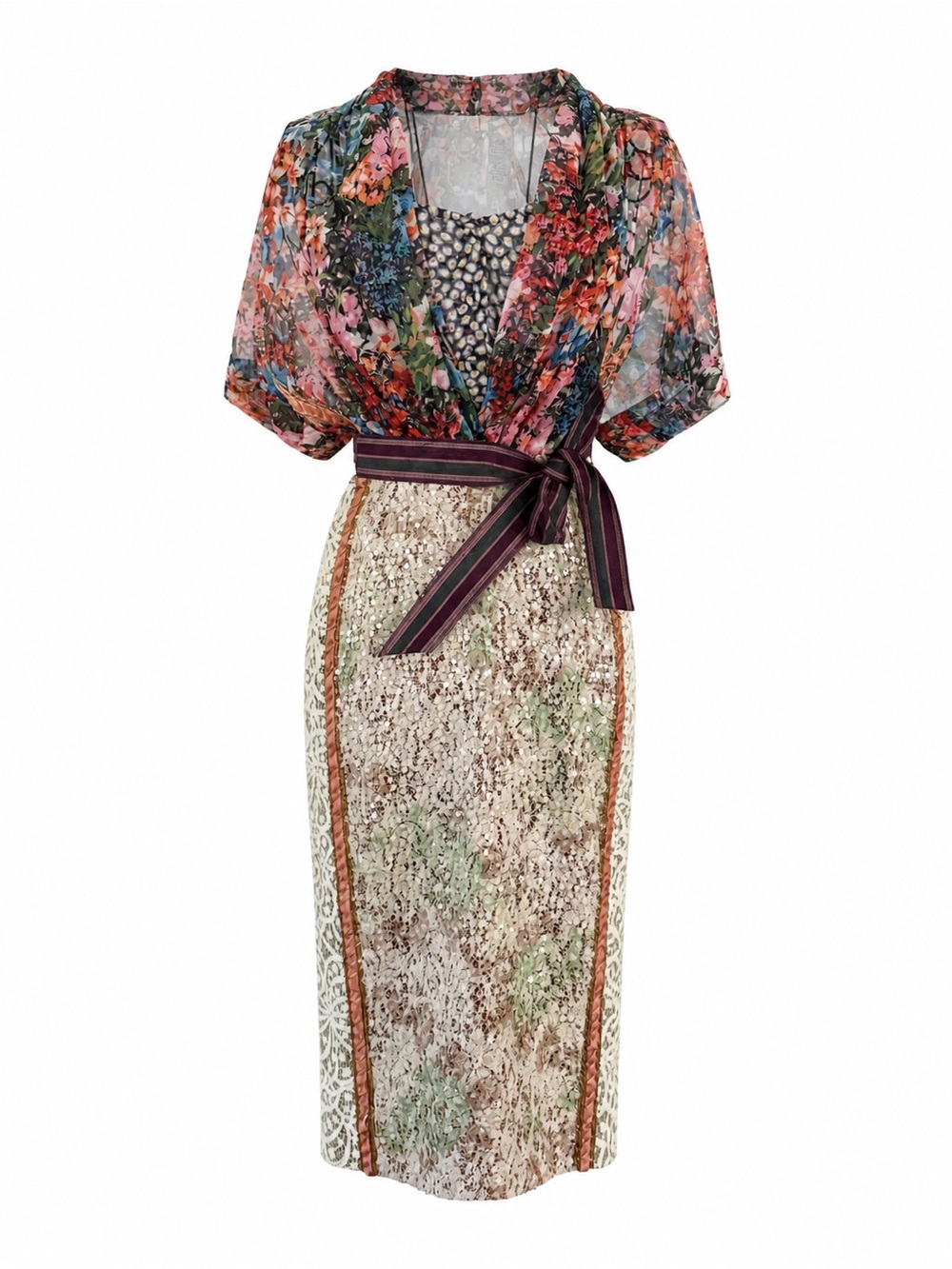 Byron Lars Floral Wrap Tie-Waist Midi Dress in Multi-Color & Multi-Texture Sz 0